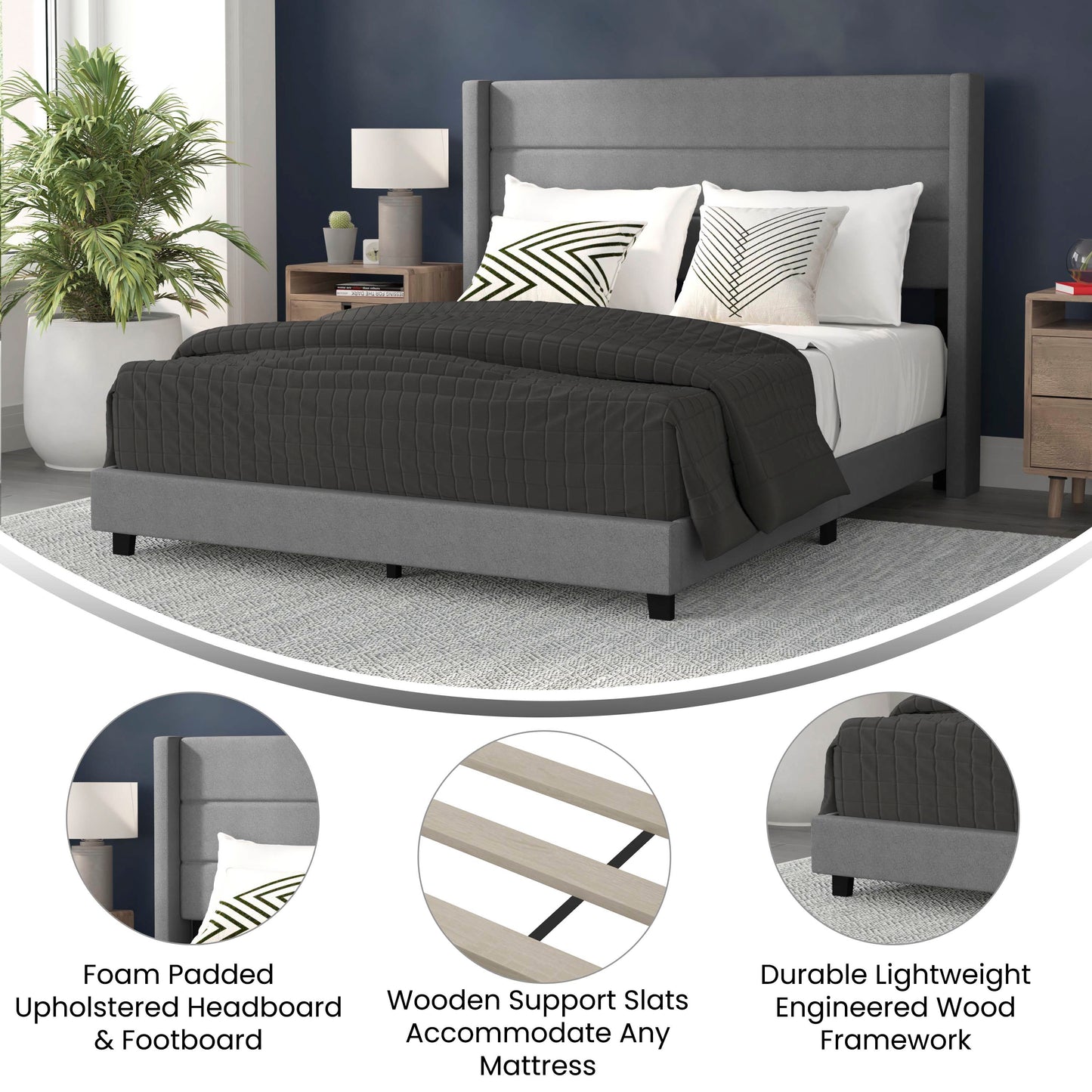Hollis Queen Upholstered Platform Bed with Wingback Headboard, Mattress Foundation with Slatted Supports, No Box Spring Needed, Gray Faux Linen Gray