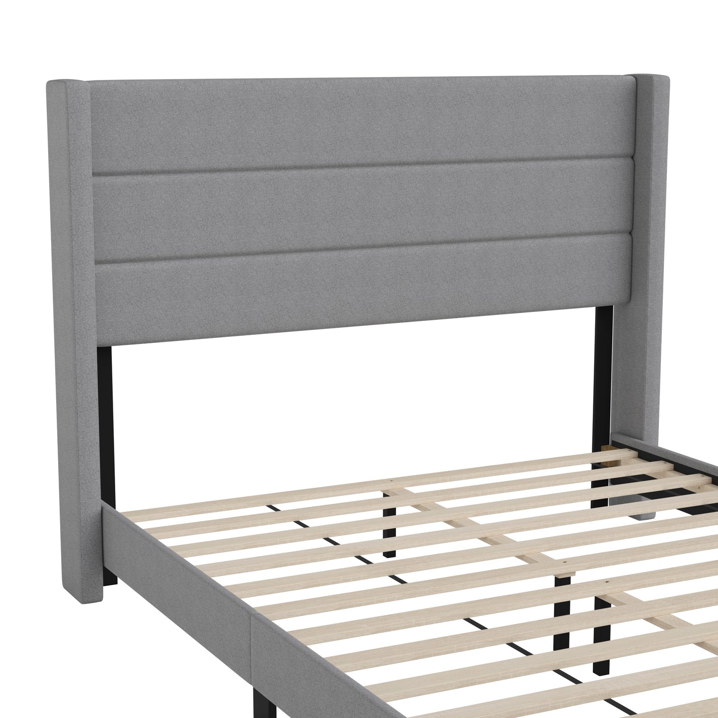Hollis Queen Upholstered Platform Bed with Wingback Headboard, Mattress Foundation with Slatted Supports, No Box Spring Needed, Gray Faux Linen Gray
