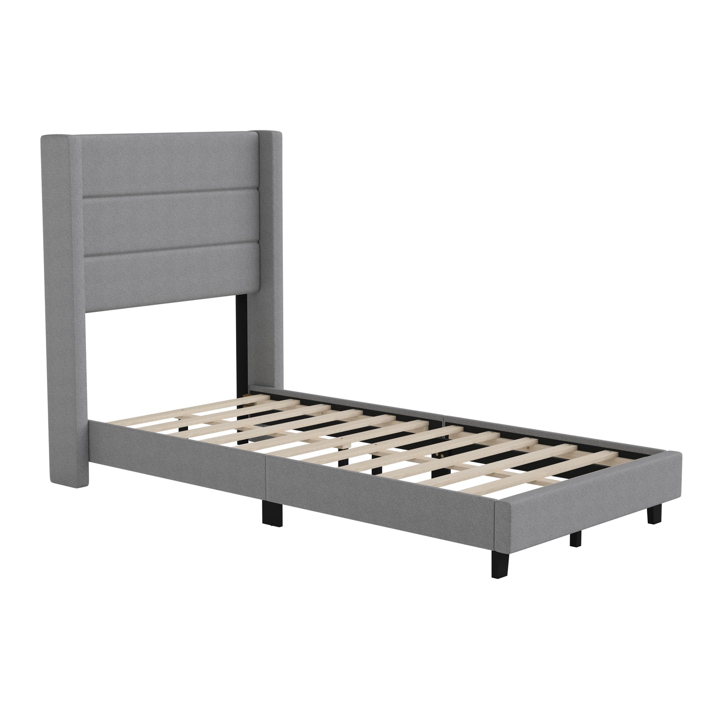 Hollis Twin Upholstered Platform Bed with Wingback Headboard, Mattress Foundation with Slatted Supports, No Box Spring Needed, Gray Faux Linen Gray