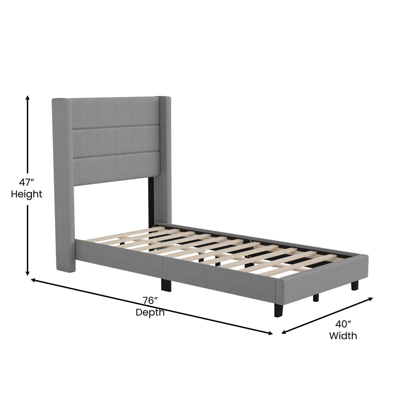 Hollis Twin Upholstered Platform Bed with Wingback Headboard, Mattress Foundation with Slatted Supports, No Box Spring Needed, Gray Faux Linen Gray