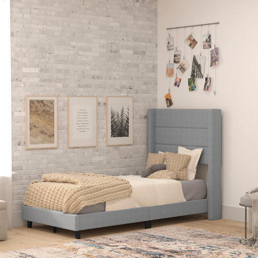 Hollis Twin Upholstered Platform Bed with Wingback Headboard, Mattress Foundation with Slatted Supports, No Box Spring Needed, Gray Faux Linen Gray