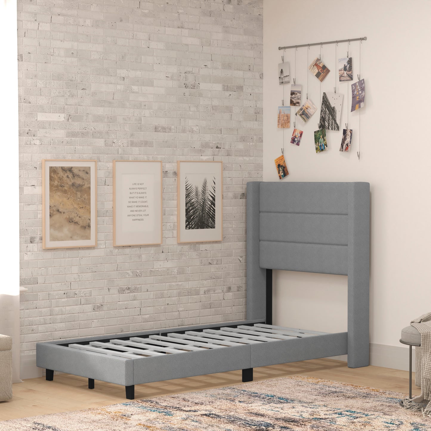 Hollis Twin Upholstered Platform Bed with Wingback Headboard, Mattress Foundation with Slatted Supports, No Box Spring Needed, Gray Faux Linen Gray