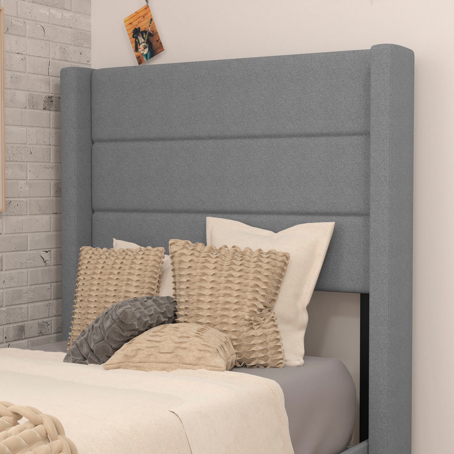 Hollis Twin Upholstered Platform Bed with Wingback Headboard, Mattress Foundation with Slatted Supports, No Box Spring Needed, Gray Faux Linen Gray