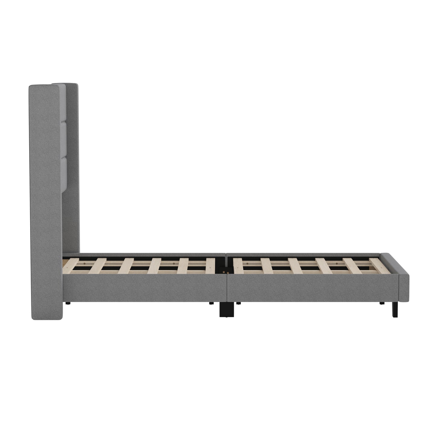 Hollis Twin Upholstered Platform Bed with Wingback Headboard, Mattress Foundation with Slatted Supports, No Box Spring Needed, Gray Faux Linen Gray