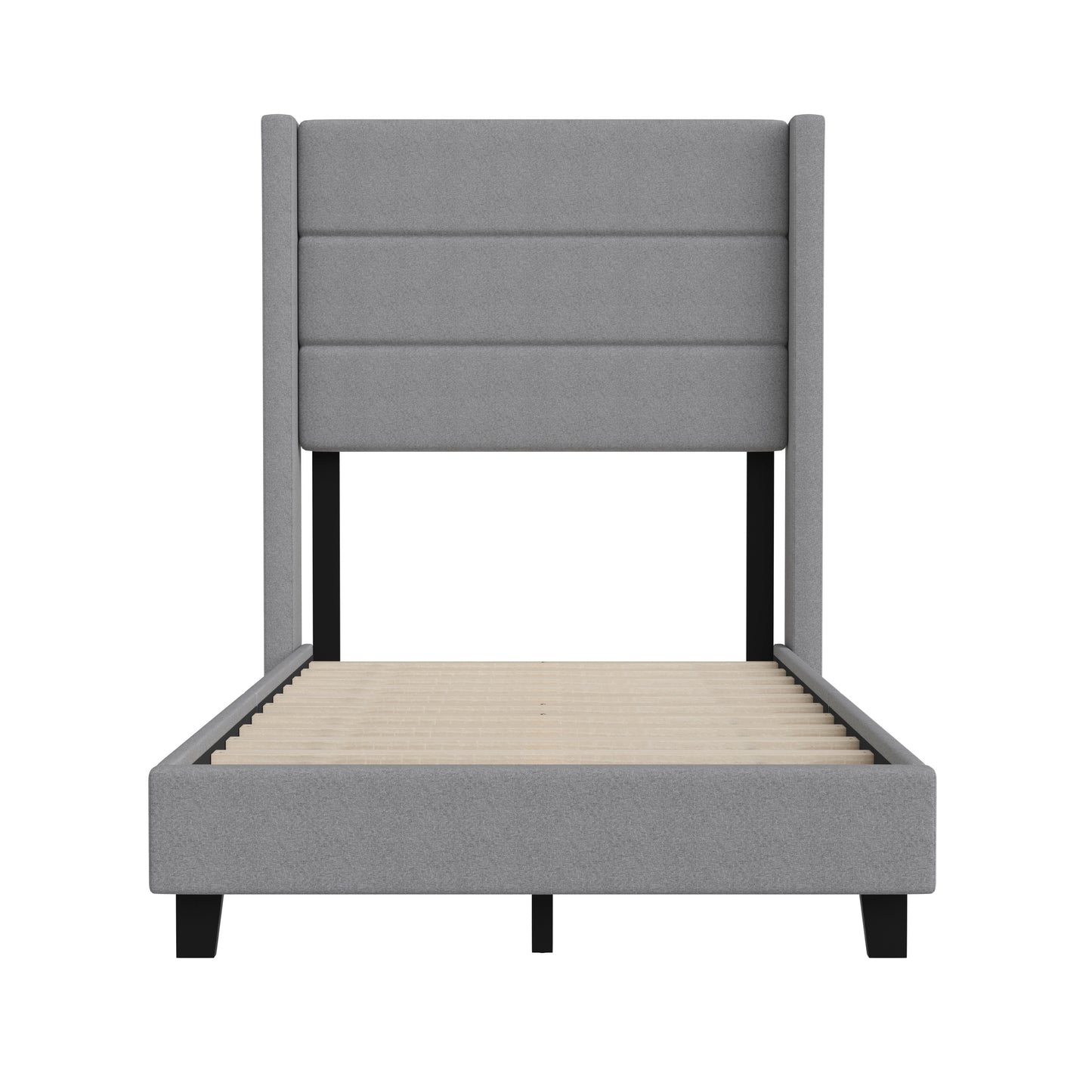 Hollis Twin Upholstered Platform Bed with Wingback Headboard, Mattress Foundation with Slatted Supports, No Box Spring Needed, Gray Faux Linen Gray