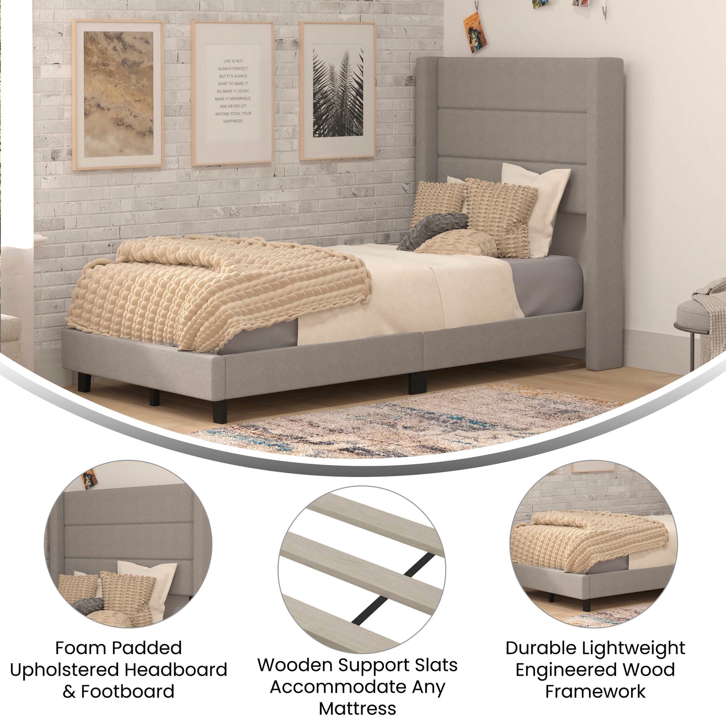 Hollis Twin Upholstered Platform Bed with Wingback Headboard, Mattress Foundation with Slatted Supports, No Box Spring Needed, Gray Faux Linen Gray