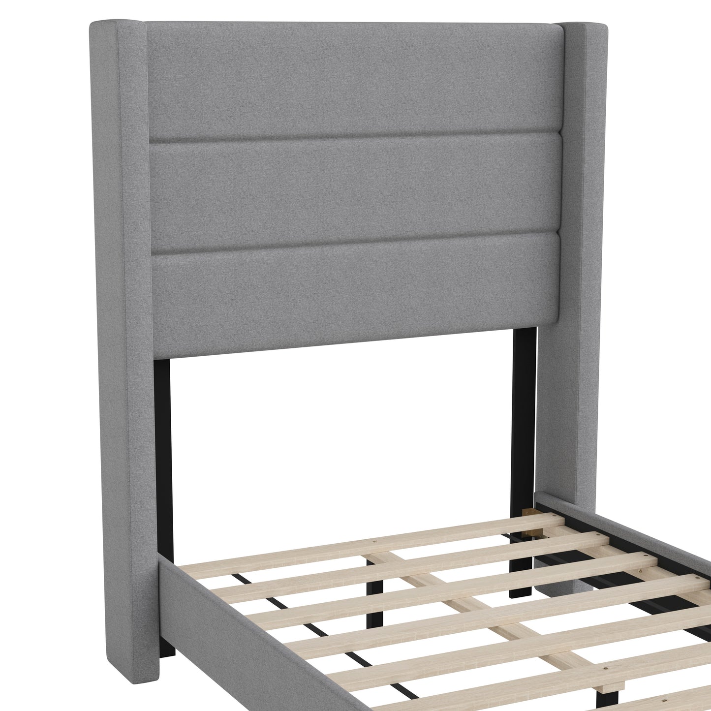 Hollis Twin Upholstered Platform Bed with Wingback Headboard, Mattress Foundation with Slatted Supports, No Box Spring Needed, Gray Faux Linen Gray
