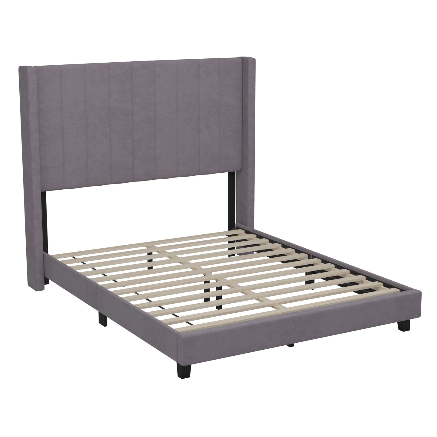 Bianca Full Upholstered Platform Bed with Vertical Stitched Wingback Headboard, Slatted Mattress Foundation, No Box Spring Needed, Gray Velvet Gray Velvet