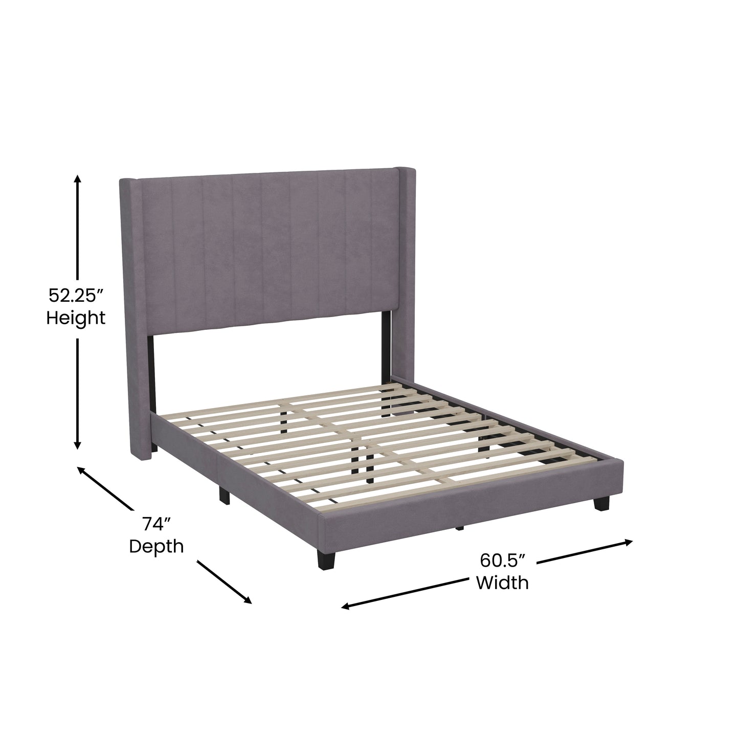 Bianca Full Upholstered Platform Bed with Vertical Stitched Wingback Headboard, Slatted Mattress Foundation, No Box Spring Needed, Gray Velvet Gray Velvet
