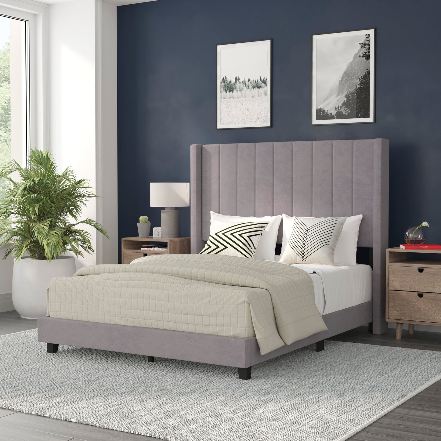 Bianca Full Upholstered Platform Bed with Vertical Stitched Wingback Headboard, Slatted Mattress Foundation, No Box Spring Needed, Gray Velvet Gray Velvet