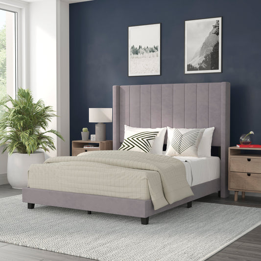 Bianca Full Upholstered Platform Bed with Vertical Stitched Wingback Headboard, Slatted Mattress Foundation, No Box Spring Needed, Gray Velvet Gray Velvet