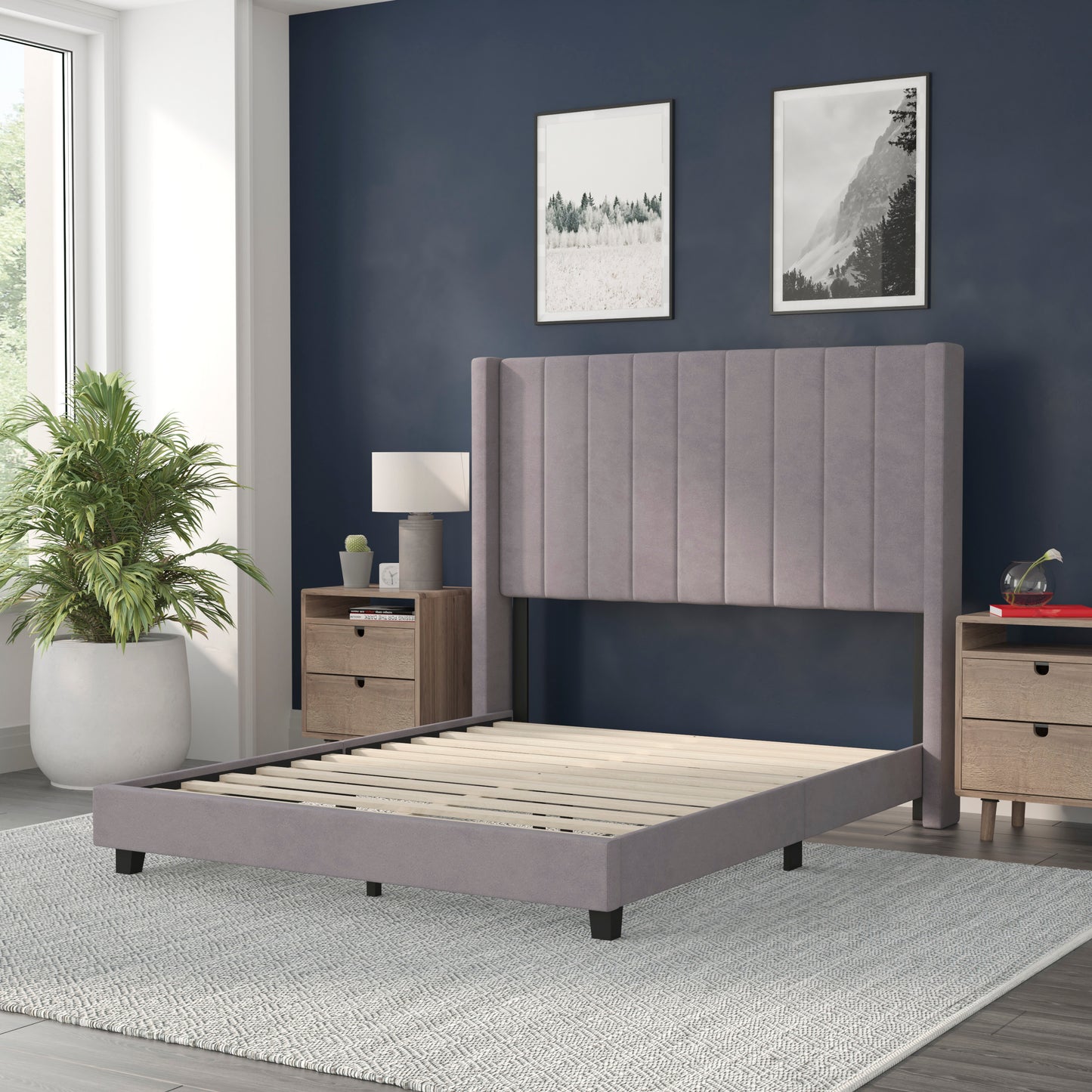Bianca Full Upholstered Platform Bed with Vertical Stitched Wingback Headboard, Slatted Mattress Foundation, No Box Spring Needed, Gray Velvet Gray Velvet
