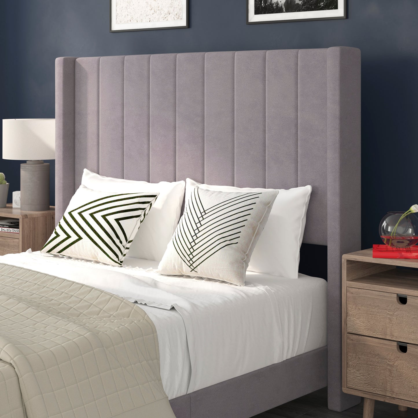 Bianca Full Upholstered Platform Bed with Vertical Stitched Wingback Headboard, Slatted Mattress Foundation, No Box Spring Needed, Gray Velvet Gray Velvet