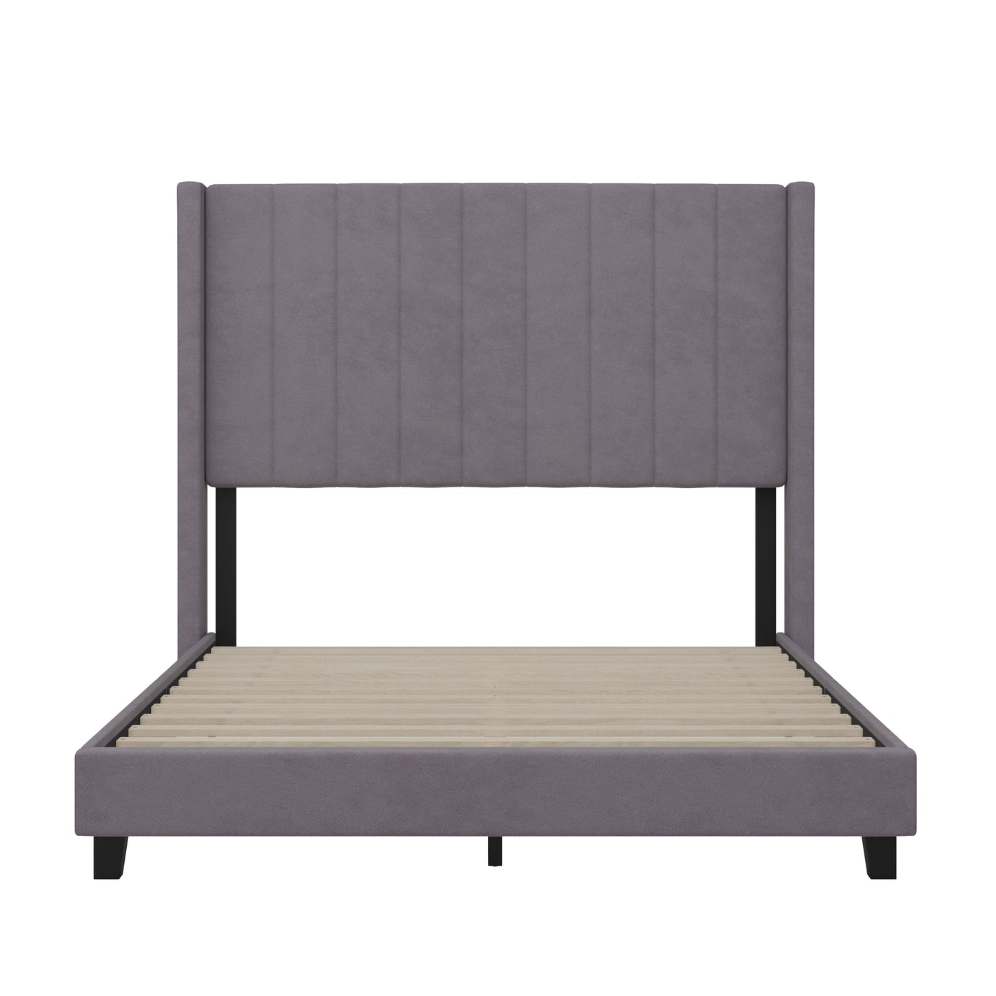 Bianca Full Upholstered Platform Bed with Vertical Stitched Wingback Headboard, Slatted Mattress Foundation, No Box Spring Needed, Gray Velvet Gray Velvet