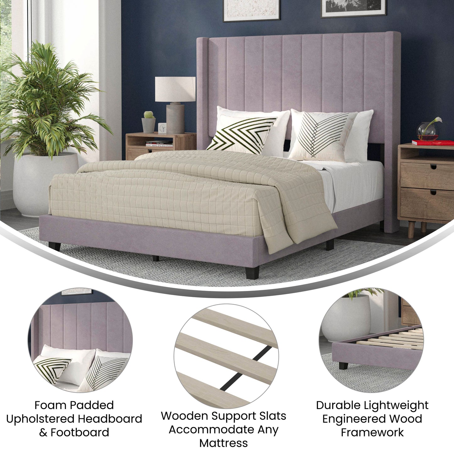 Bianca Full Upholstered Platform Bed with Vertical Stitched Wingback Headboard, Slatted Mattress Foundation, No Box Spring Needed, Gray Velvet Gray Velvet