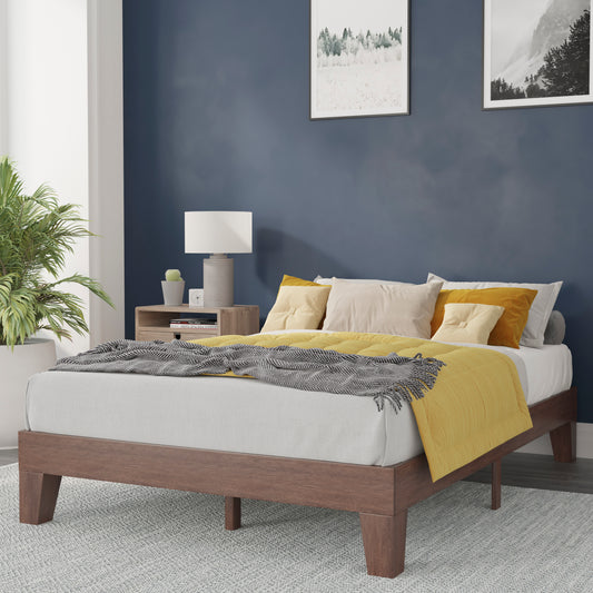 Evelyn Walnut Finish Wood Full Platform Bed with Wooden Support Slats, No Box Spring Required Walnut