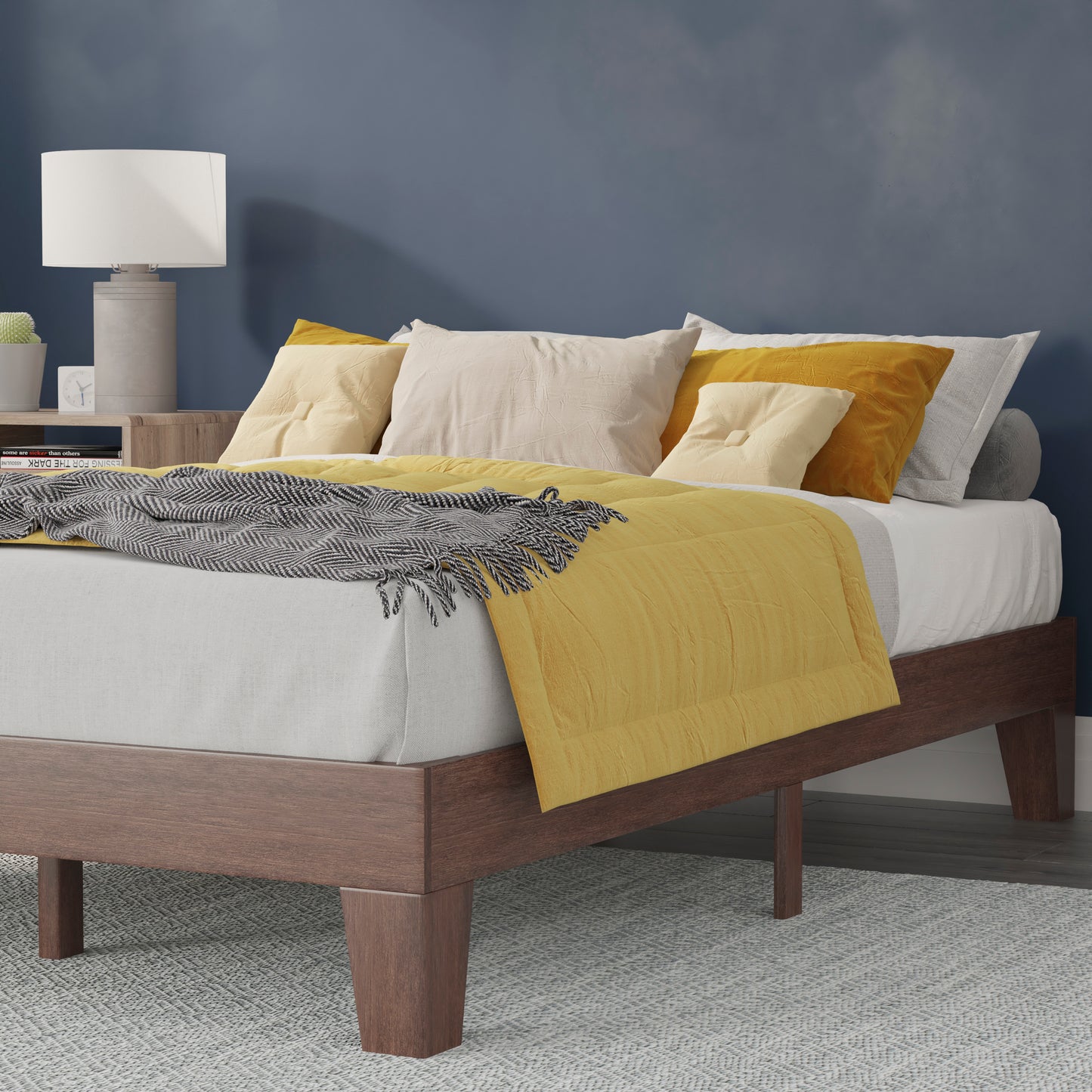 Evelyn Walnut Finish Wood Full Platform Bed with Wooden Support Slats, No Box Spring Required Walnut