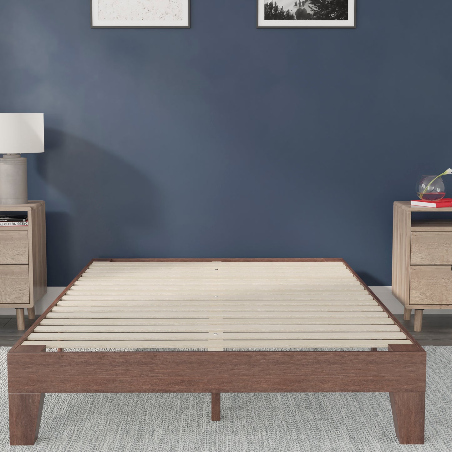 Evelyn Walnut Finish Wood Full Platform Bed with Wooden Support Slats, No Box Spring Required Walnut