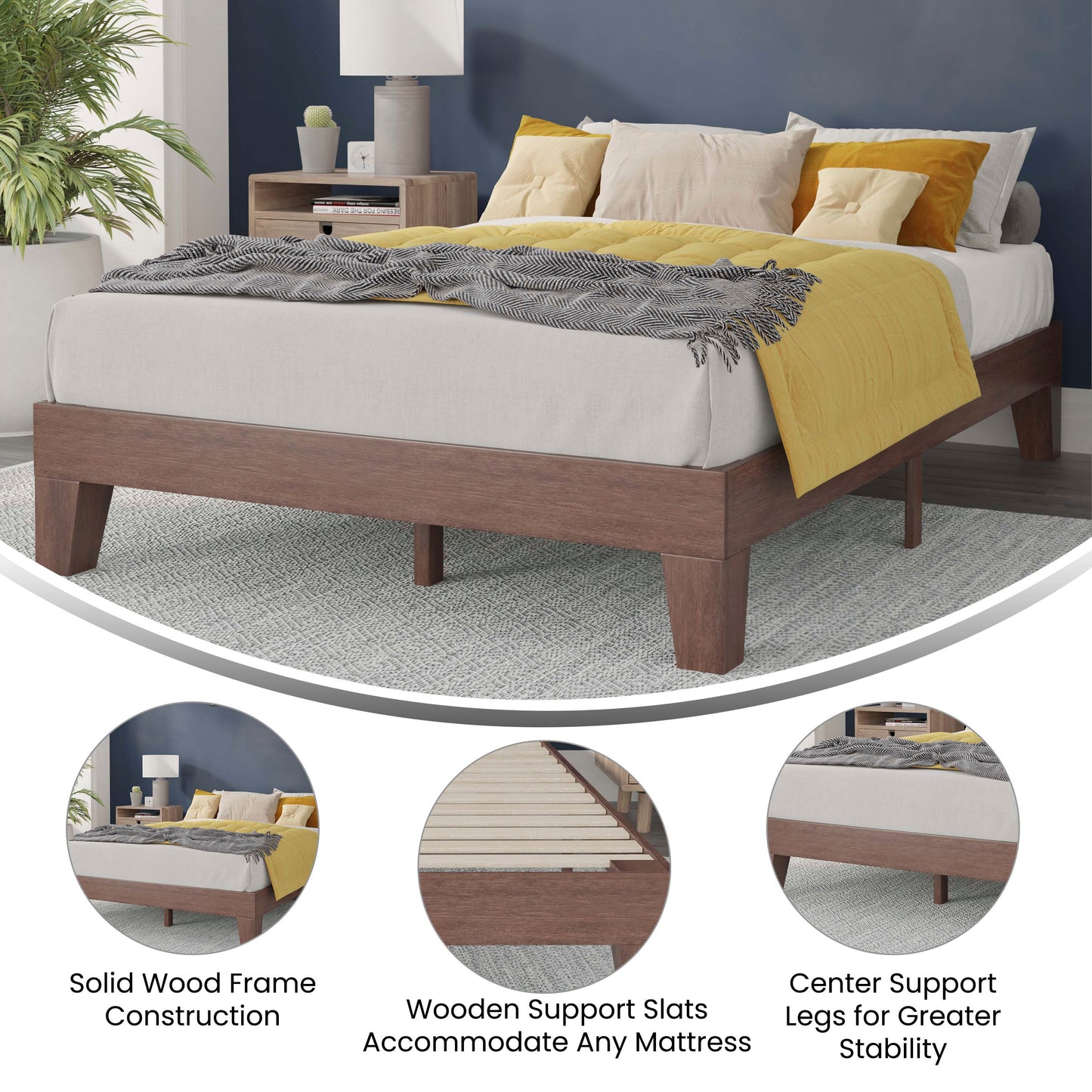 Evelyn Walnut Finish Wood Full Platform Bed with Wooden Support Slats, No Box Spring Required Walnut