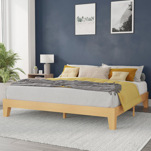 Evelyn Natural Pine Finish Wood King Platform Bed with Wooden Support Slats, No Box Spring Required Natural