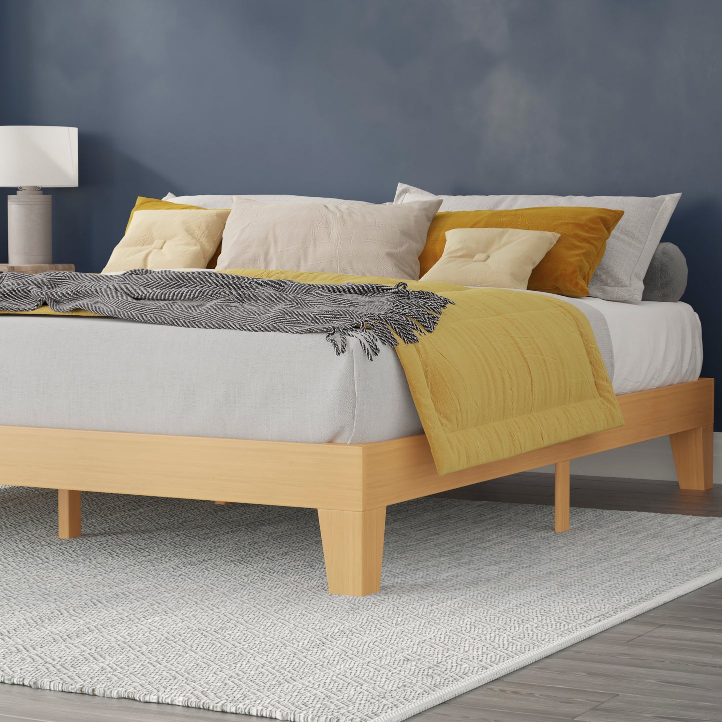 Evelyn Natural Pine Finish Wood King Platform Bed with Wooden Support Slats, No Box Spring Required Natural