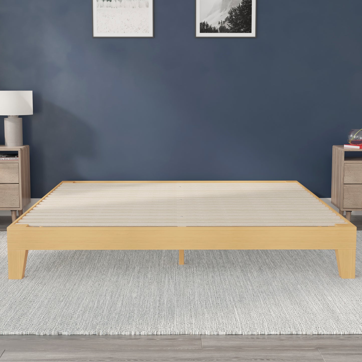 Evelyn Natural Pine Finish Wood King Platform Bed with Wooden Support Slats, No Box Spring Required Natural