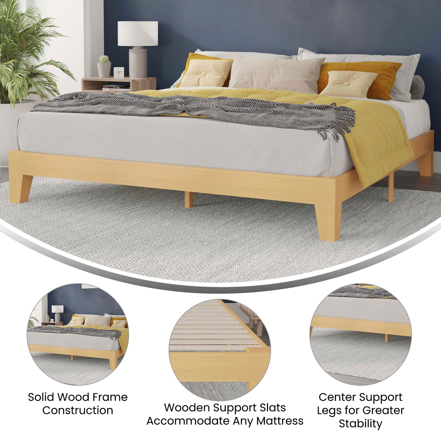 Evelyn Natural Pine Finish Wood King Platform Bed with Wooden Support Slats, No Box Spring Required Natural