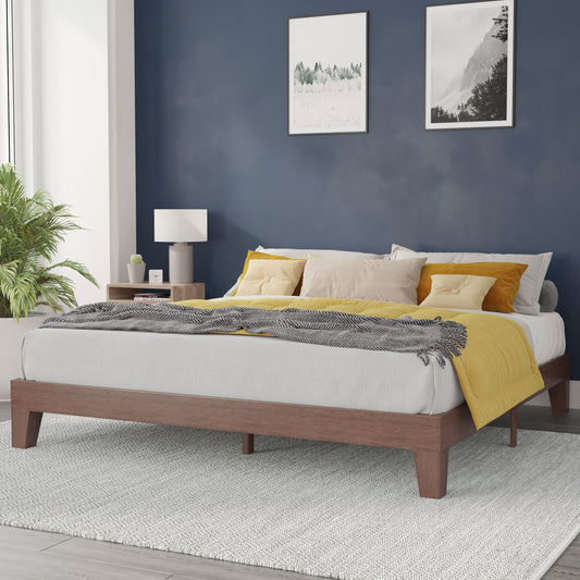 Evelyn Walnut Finish Wood King Platform Bed with Wooden Support Slats, No Box Spring Required Walnut