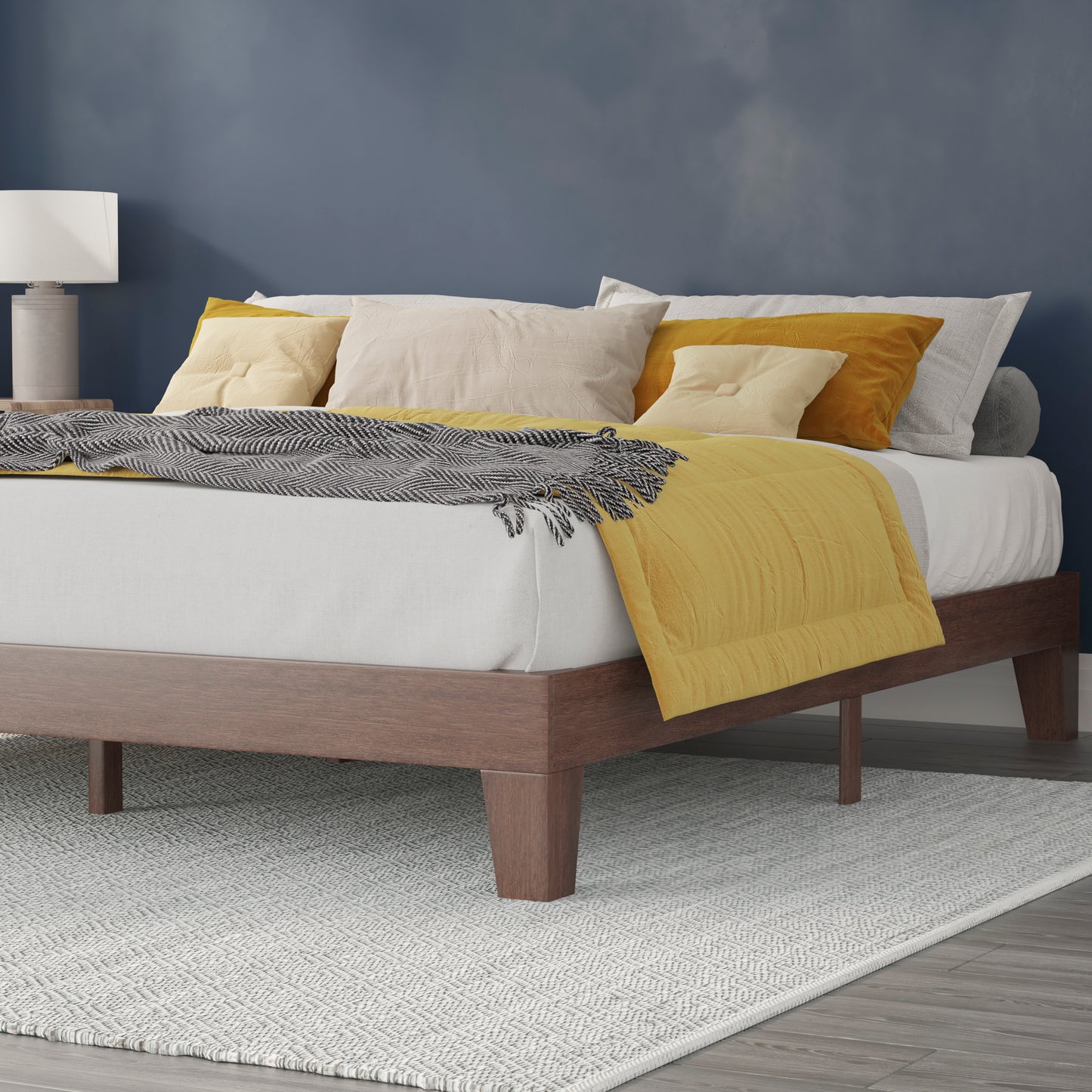 Evelyn Walnut Finish Wood King Platform Bed with Wooden Support Slats, No Box Spring Required Walnut