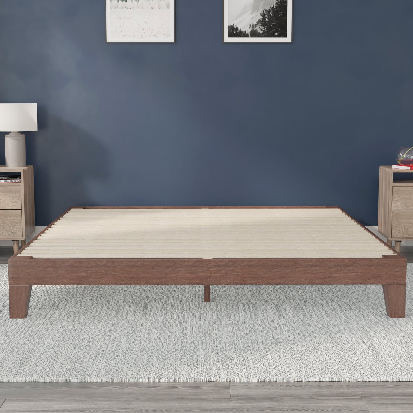 Evelyn Walnut Finish Wood King Platform Bed with Wooden Support Slats, No Box Spring Required Walnut