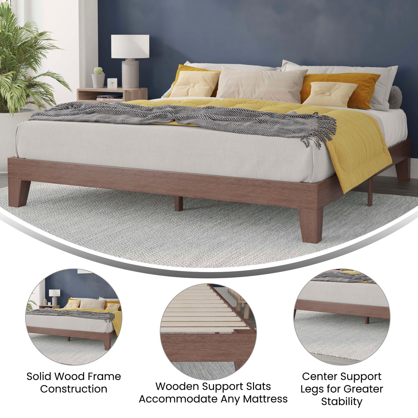 Evelyn Walnut Finish Wood King Platform Bed with Wooden Support Slats, No Box Spring Required Walnut