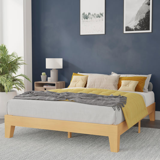 Evelyn Natural Pine Finish Wood Queen Platform Bed with Wooden Support Slats, No Box Spring Required Natural