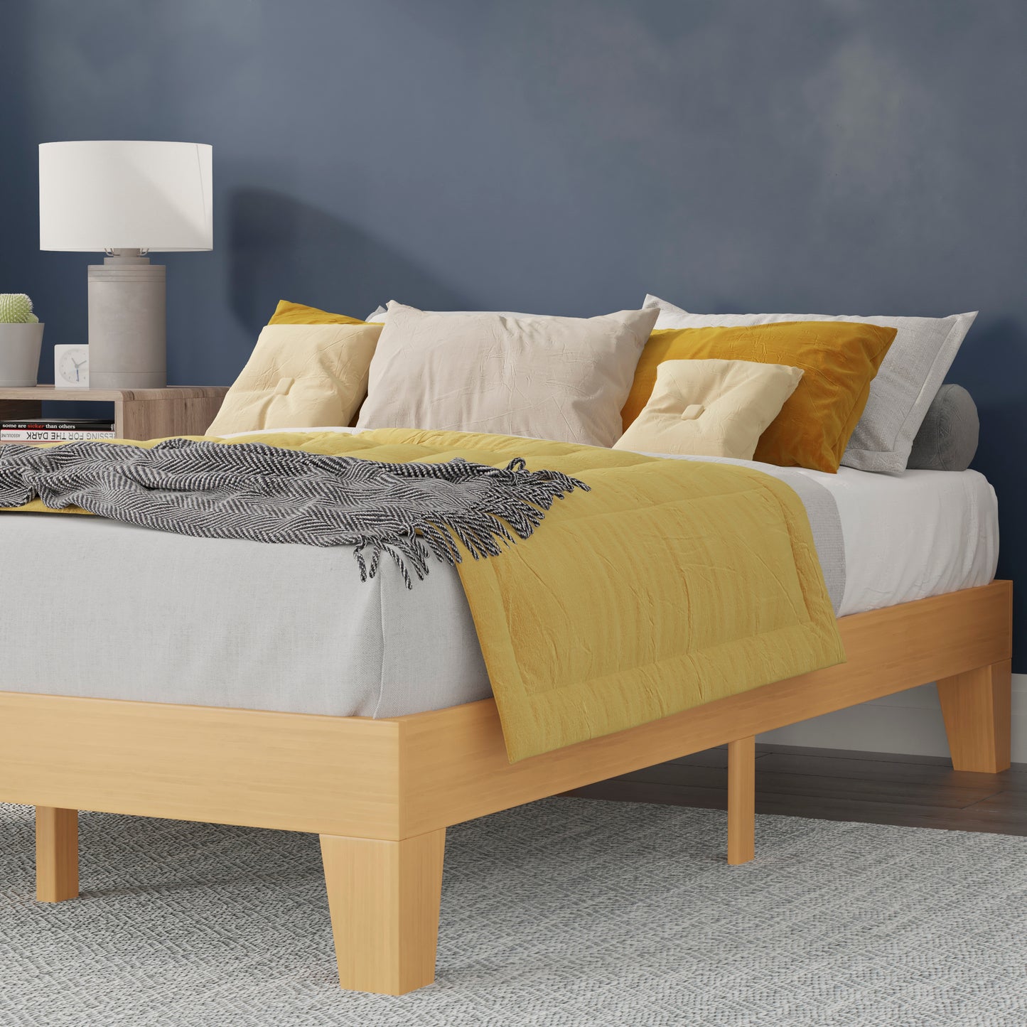 Evelyn Natural Pine Finish Wood Queen Platform Bed with Wooden Support Slats, No Box Spring Required Natural