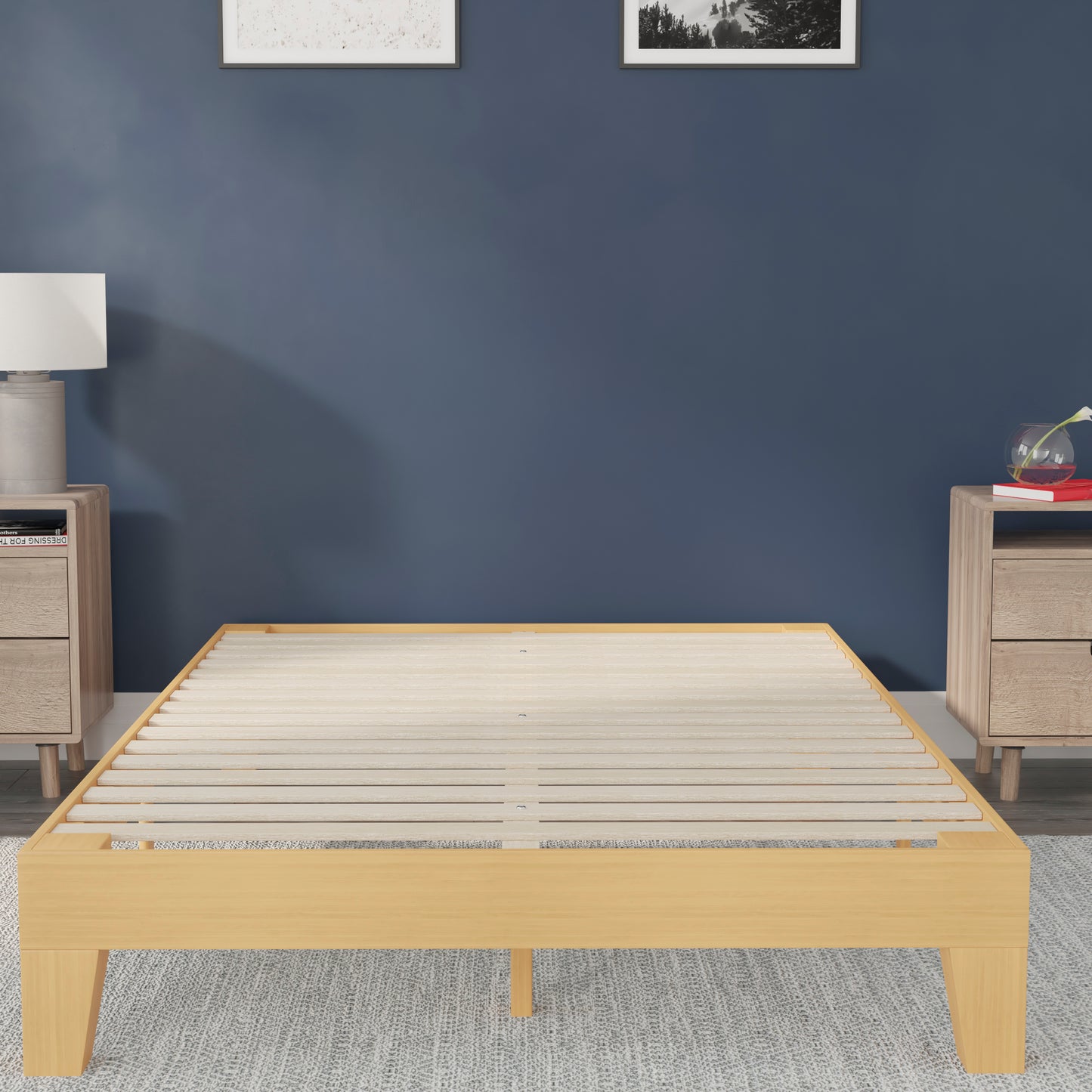 Evelyn Natural Pine Finish Wood Queen Platform Bed with Wooden Support Slats, No Box Spring Required Natural