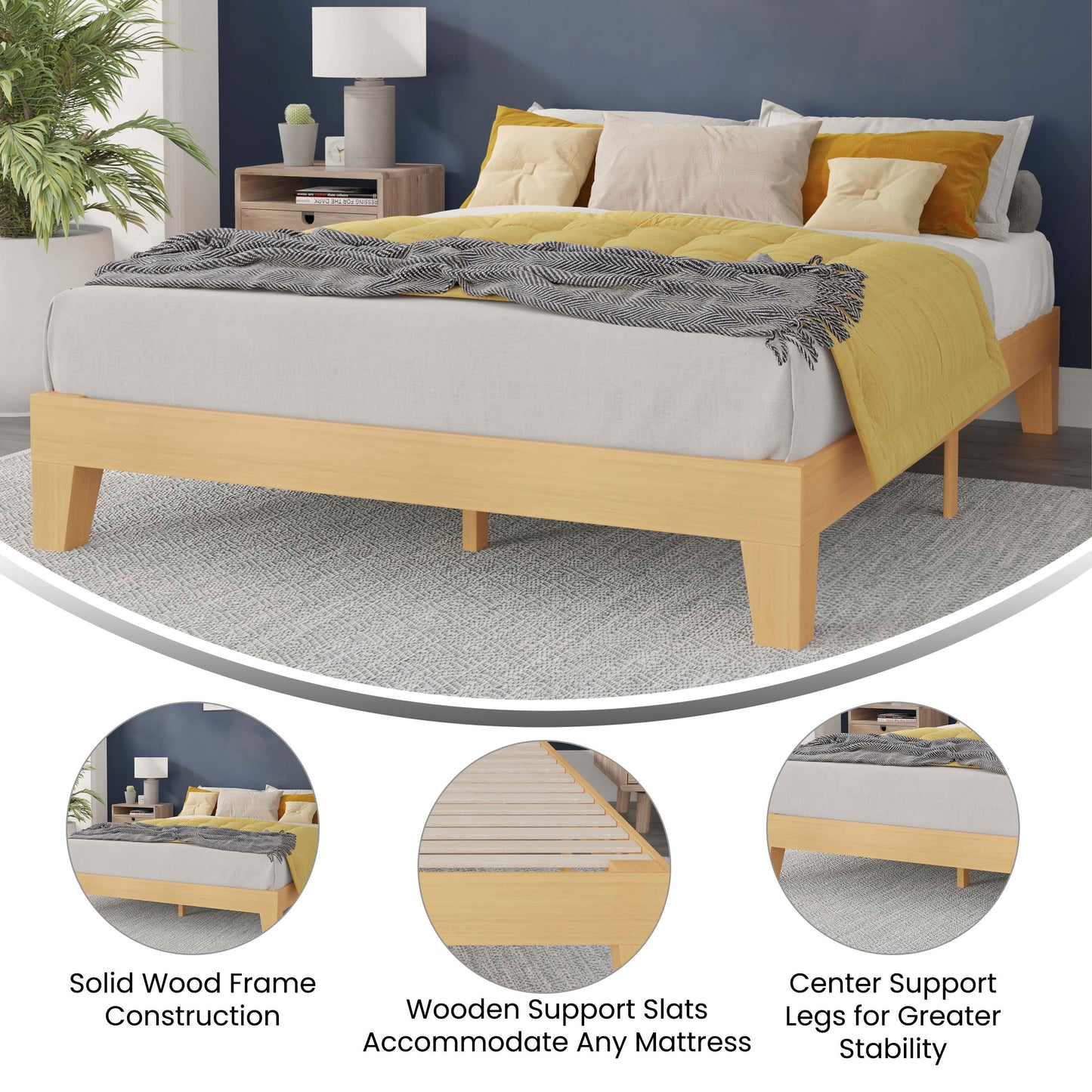 Evelyn Natural Pine Finish Wood Queen Platform Bed with Wooden Support Slats, No Box Spring Required Natural