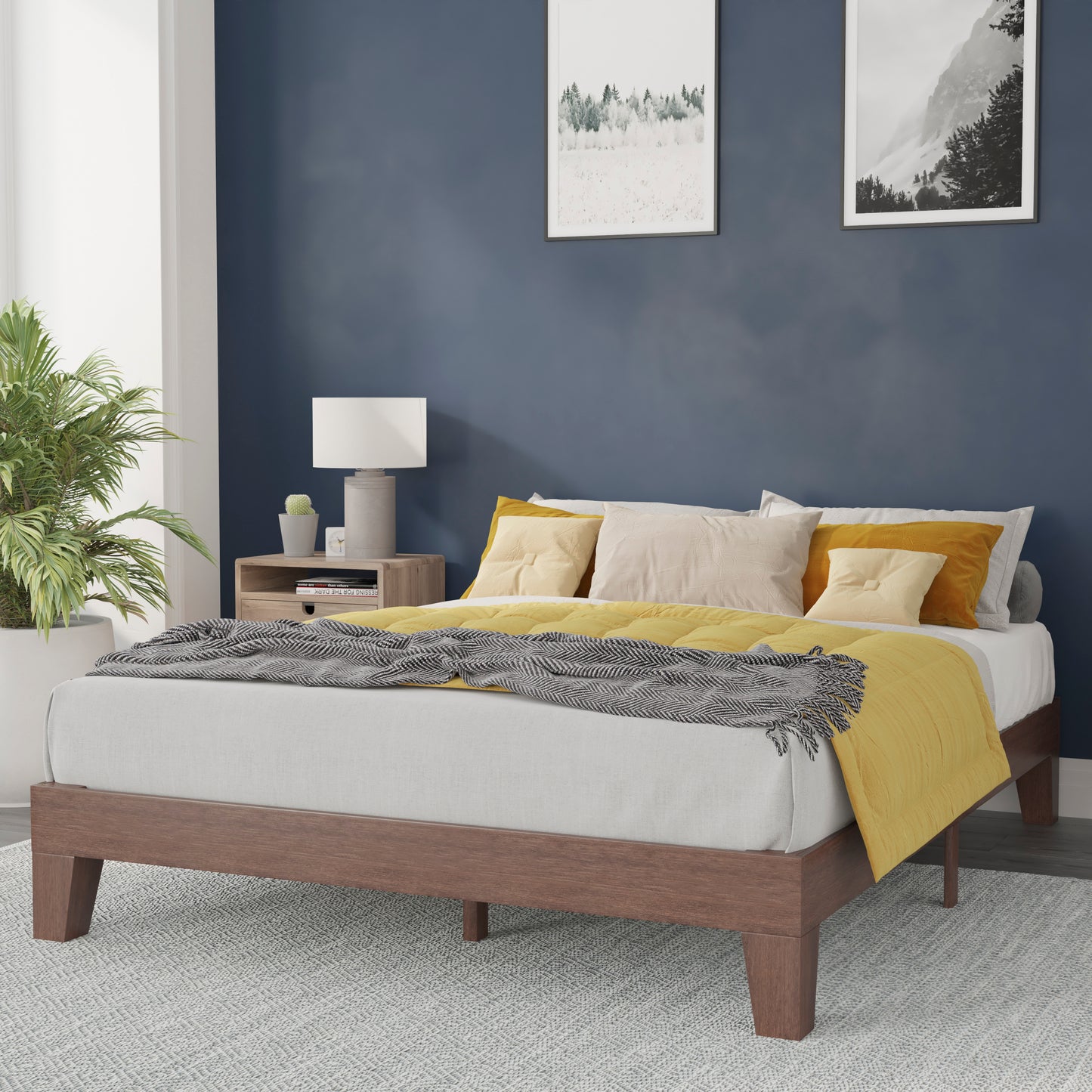 Evelyn Walnut Finish Wood Queen Platform Bed with Wooden Support Slats, No Box Spring Required Walnut