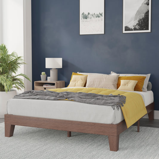 Evelyn Walnut Finish Wood Queen Platform Bed with Wooden Support Slats, No Box Spring Required Walnut