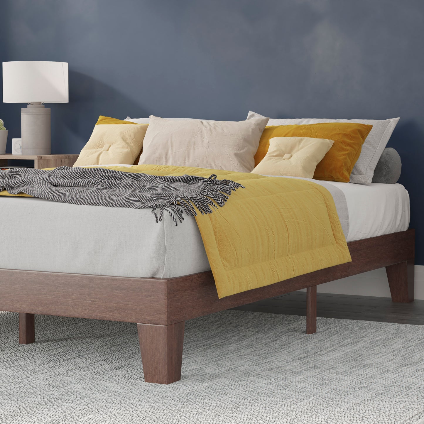 Evelyn Walnut Finish Wood Queen Platform Bed with Wooden Support Slats, No Box Spring Required Walnut