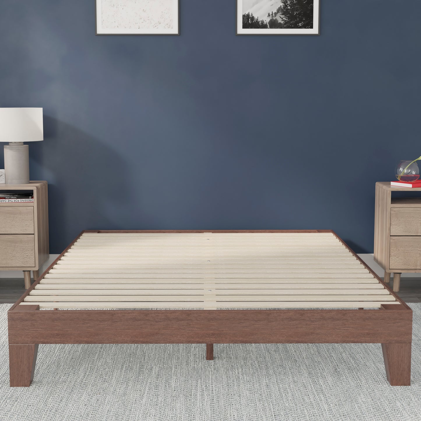 Evelyn Walnut Finish Wood Queen Platform Bed with Wooden Support Slats, No Box Spring Required Walnut