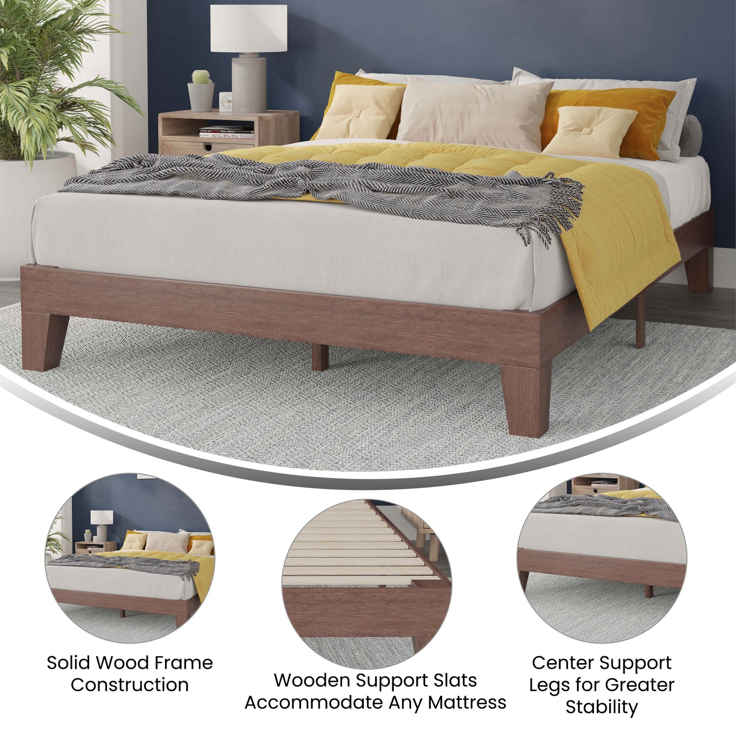 Evelyn Walnut Finish Wood Queen Platform Bed with Wooden Support Slats, No Box Spring Required Walnut