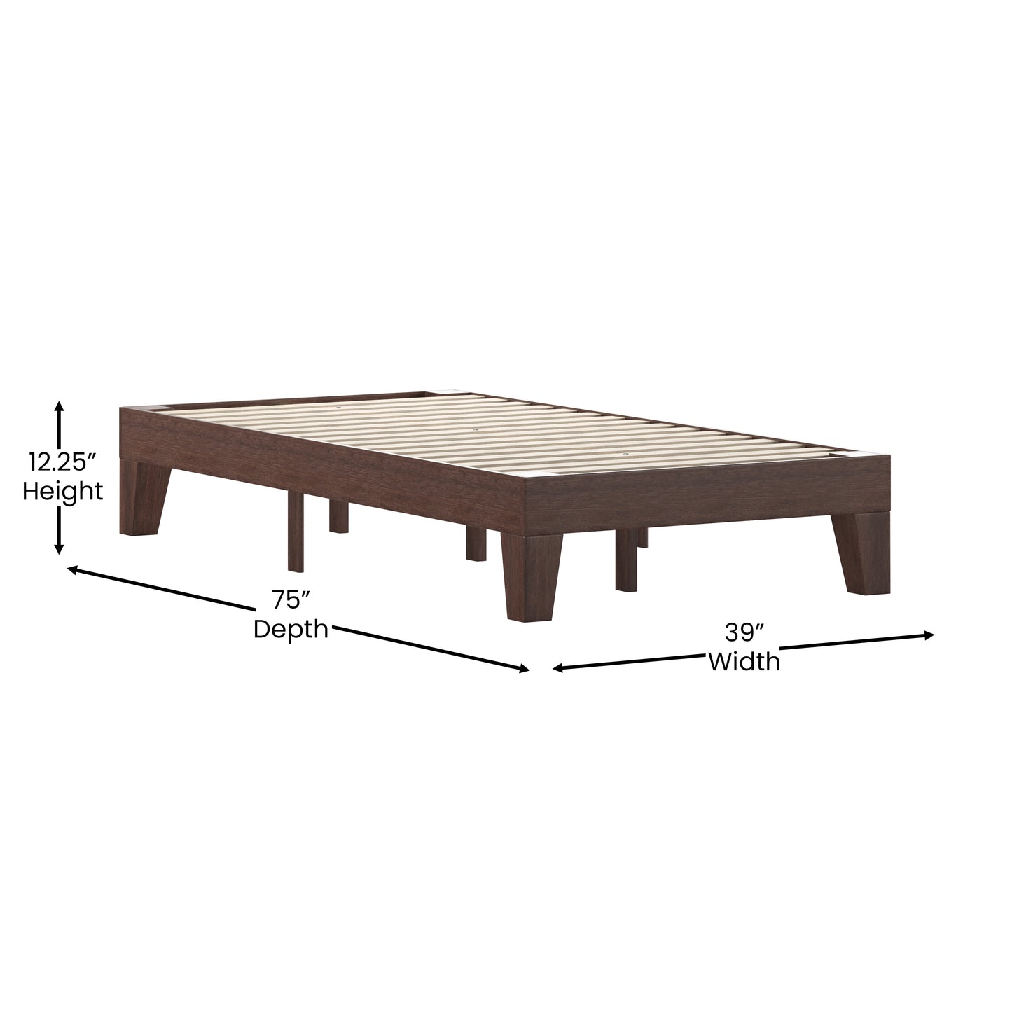 Evelyn Walnut Finish Wood Twin Platform Bed with Wooden Support Slats, No Box Spring Required Walnut