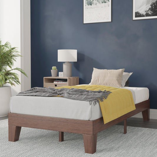 Evelyn Walnut Finish Wood Twin Platform Bed with Wooden Support Slats, No Box Spring Required Walnut