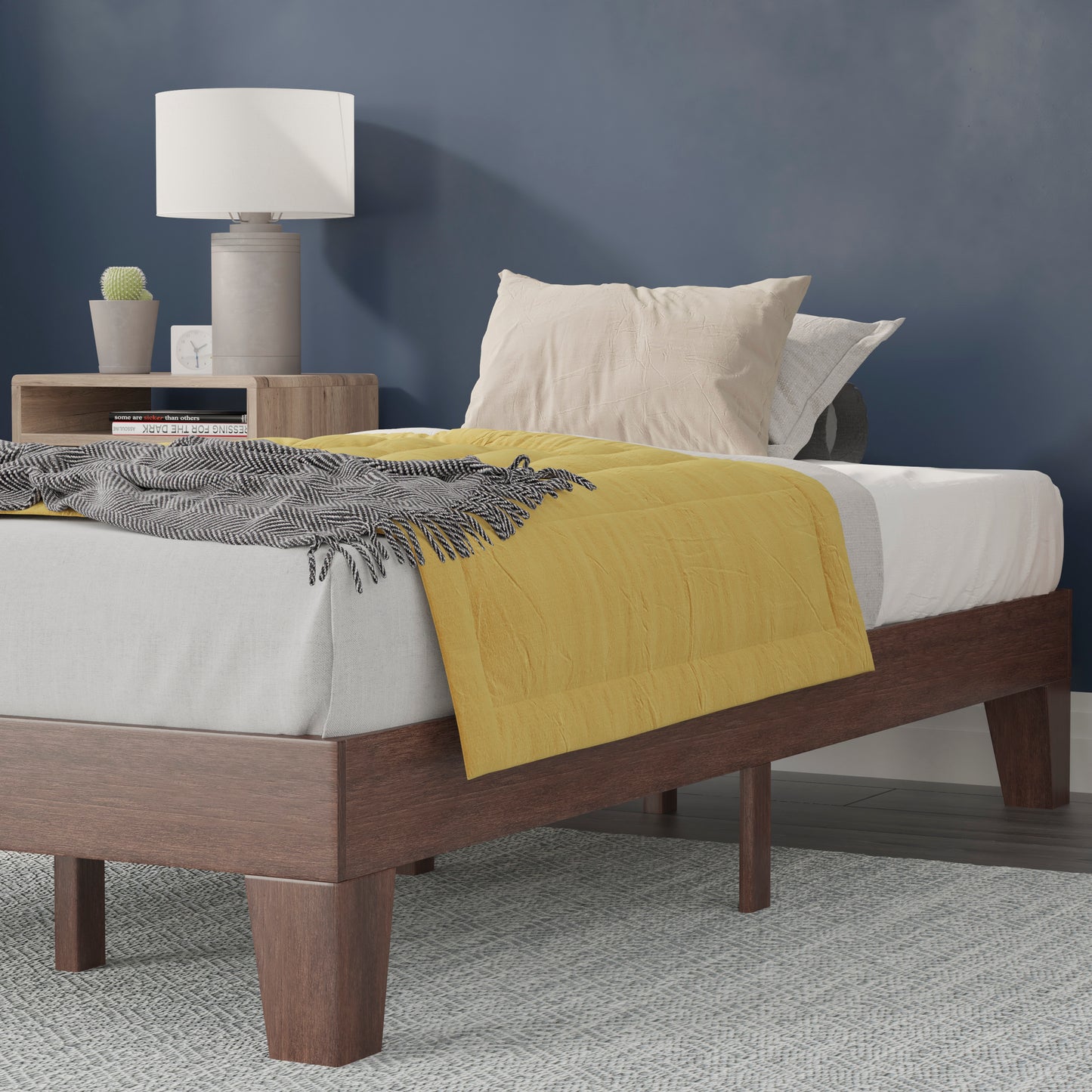 Evelyn Walnut Finish Wood Twin Platform Bed with Wooden Support Slats, No Box Spring Required Walnut