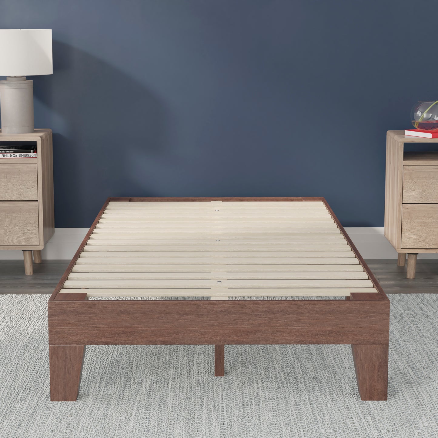 Evelyn Walnut Finish Wood Twin Platform Bed with Wooden Support Slats, No Box Spring Required Walnut