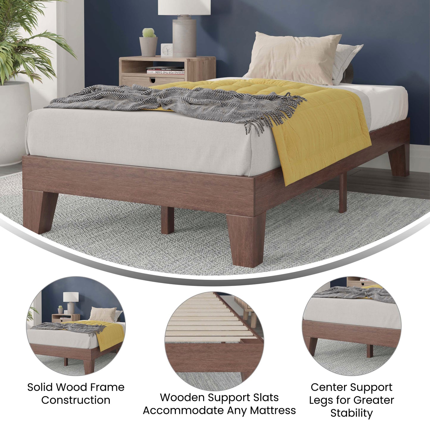 Evelyn Walnut Finish Wood Twin Platform Bed with Wooden Support Slats, No Box Spring Required Walnut