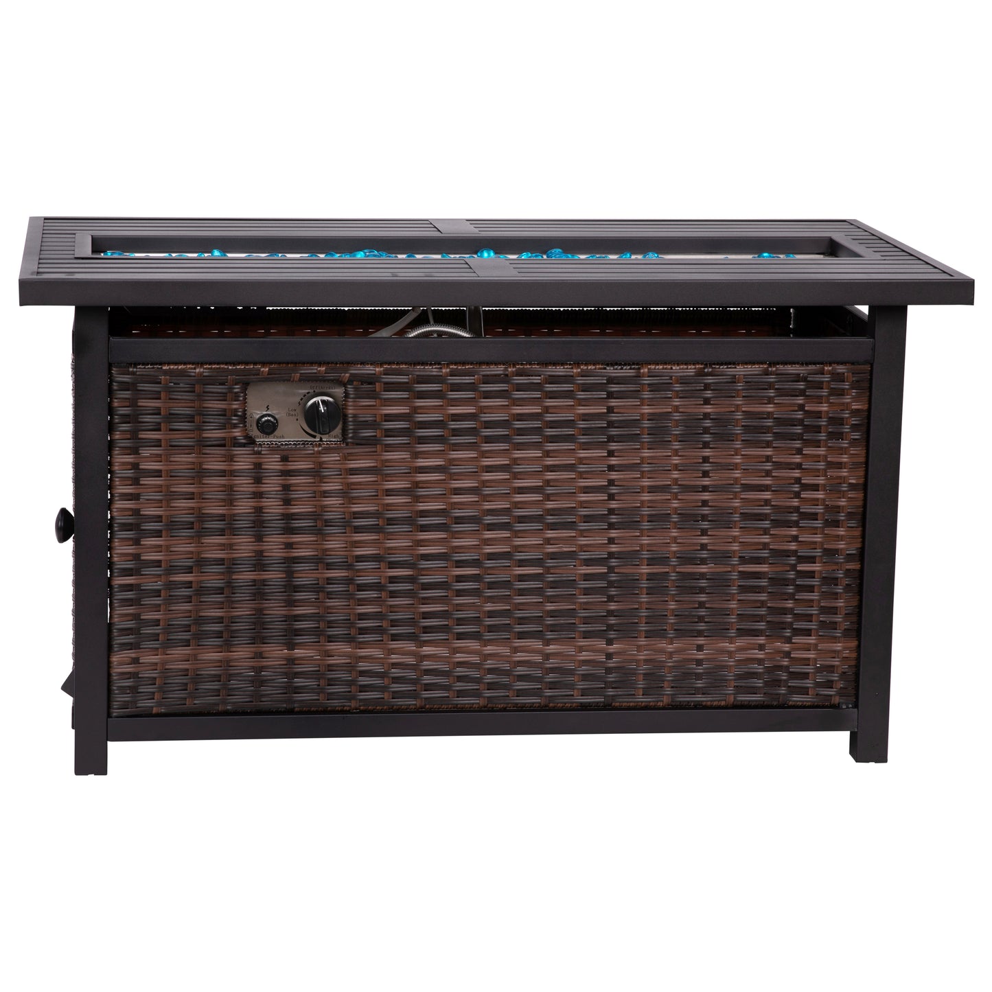 Olympia 45" x 25" Outdoor Propane Gas 50,000 BTU Fire Pit Table with Stainless Steel Tabletop, Lid, Glass Beads, Wicker Base-Espresso/Black Espresso/Black