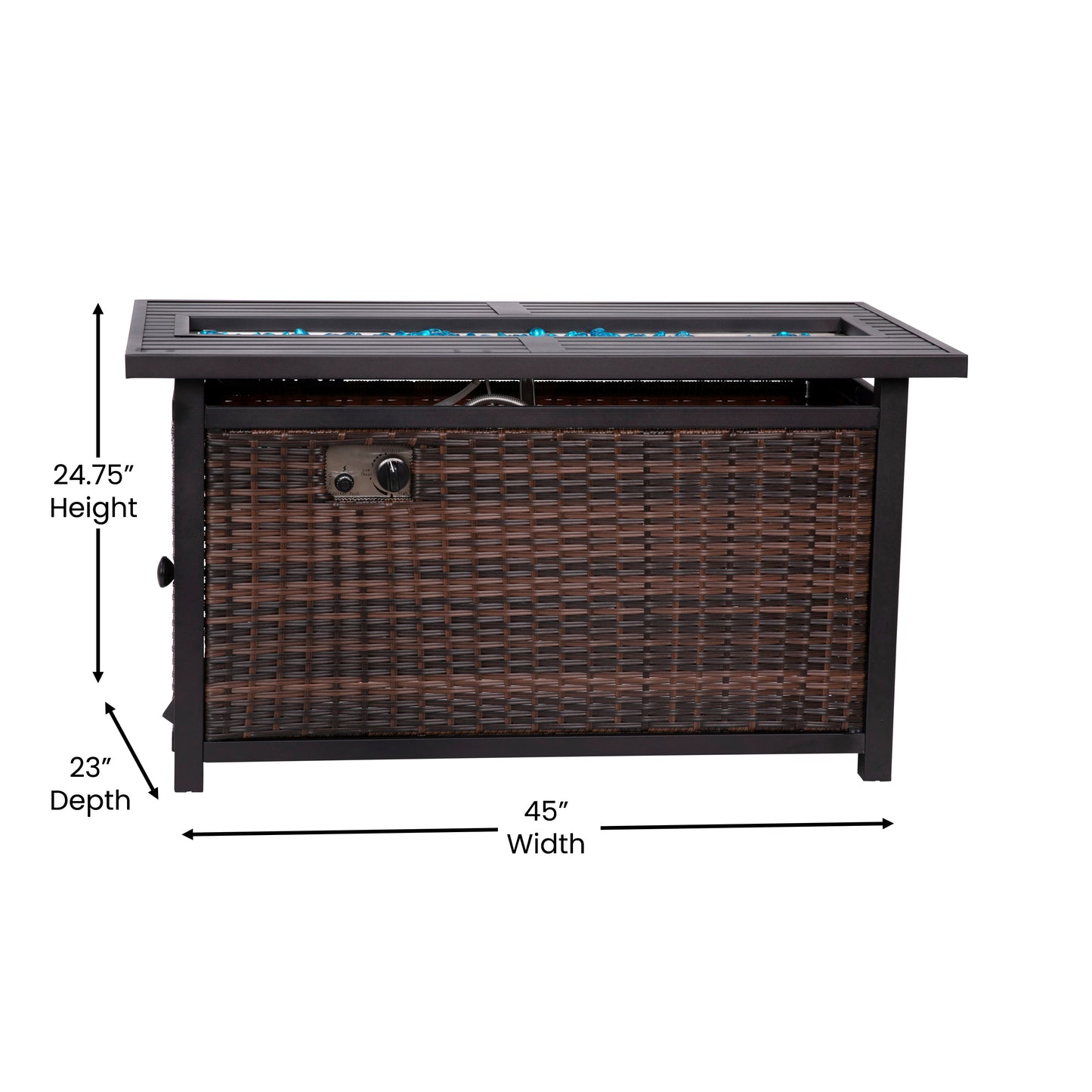 Olympia 45" x 25" Outdoor Propane Gas 50,000 BTU Fire Pit Table with Stainless Steel Tabletop, Lid, Glass Beads, Wicker Base-Espresso/Black Espresso/Black