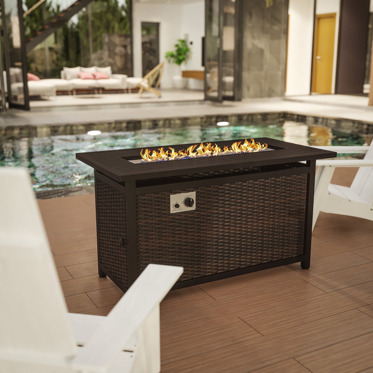 Olympia 45" x 25" Outdoor Propane Gas 50,000 BTU Fire Pit Table with Stainless Steel Tabletop, Lid, Glass Beads, Wicker Base-Espresso/Black Espresso/Black