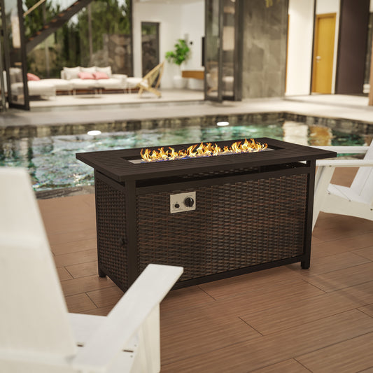 Olympia 45" x 25" Outdoor Propane Gas 50,000 BTU Fire Pit Table with Stainless Steel Tabletop, Lid, Glass Beads, Wicker Base-Espresso/Black Espresso/Black