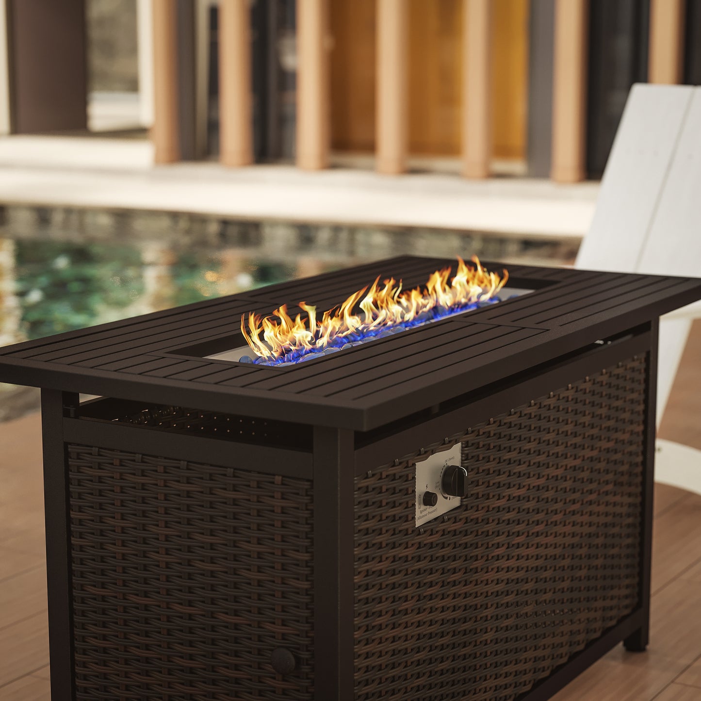 Olympia 45" x 25" Outdoor Propane Gas 50,000 BTU Fire Pit Table with Stainless Steel Tabletop, Lid, Glass Beads, Wicker Base-Espresso/Black Espresso/Black